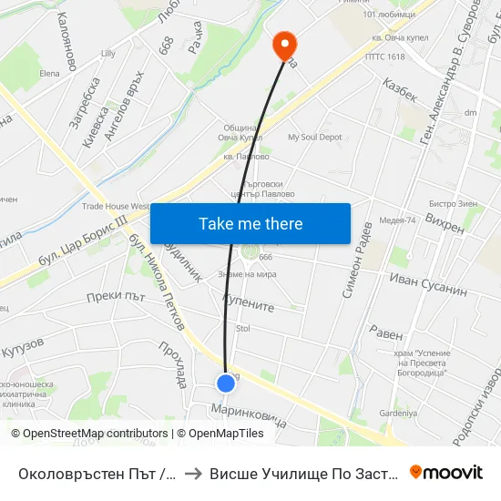 Околовръстен Път / Ring Road (1179) to Висше Училище По Застраховане И Финанси map
