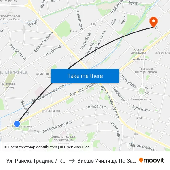 Ул. Райска Градина / Rayska Gradina St. (2261) to Висше Училище По Застраховане И Финанси map
