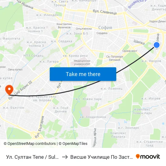 Ул. Султан Тепе / Sultan Tepe St. (2195) to Висше Училище По Застраховане И Финанси map