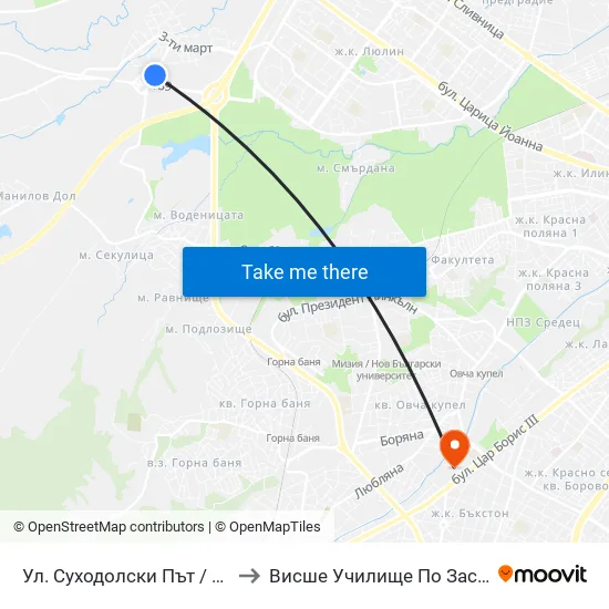 Ул. Суходолски Път / Suhodolski Pat (2198) to Висше Училище По Застраховане И Финанси map