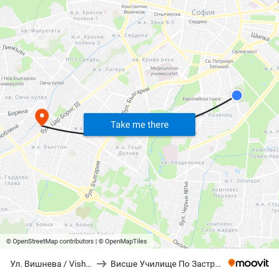 Ул. Вишнева / Vishneva St. (1880) to Висше Училище По Застраховане И Финанси map