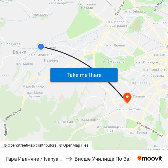 Гара Иваняне / Ivanyane Train Station (0454) to Висше Училище По Застраховане И Финанси map