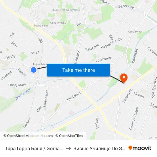 Гара Горна Баня / Gorna Banya Train Station (0480) to Висше Училище По Застраховане И Финанси map