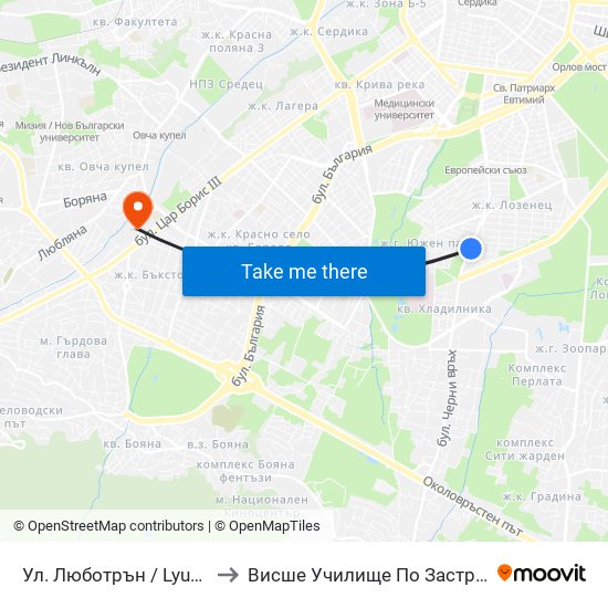 Ул. Люботрън / Lyubotran St. (2039) to Висше Училище По Застраховане И Финанси map