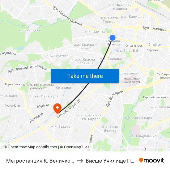 Ⓜ️ Метростанция К. Величков / K. Velichkov Metro Station (6221) to Висше Училище По Застраховане И Финанси map