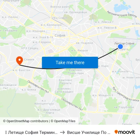 ✈️ Летище София Терминал 1 / Sofia Airport Terminal 1 to Висше Училище По Застраховане И Финанси map