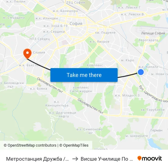 Ⓜ️ Метростанция Дружба / Druzhba Metro Station (0235) to Висше Училище По Застраховане И Финанси map