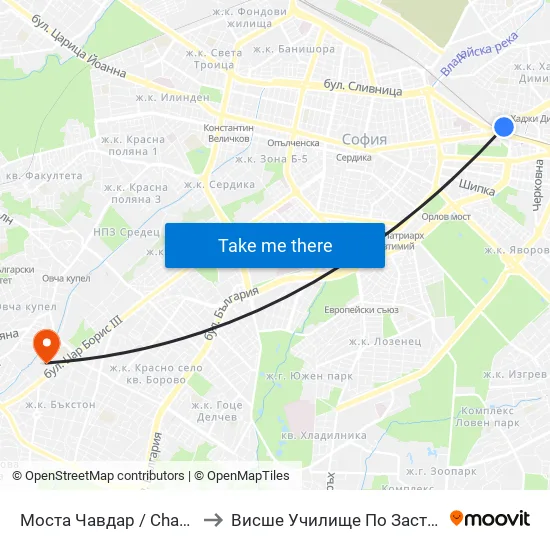 Моста Чавдар / Chavdar Bridge (1102) to Висше Училище По Застраховане И Финанси map