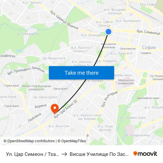 Ул. Цар Симеон / Tsar Simeon St. (2249) to Висше Училище По Застраховане И Финанси map