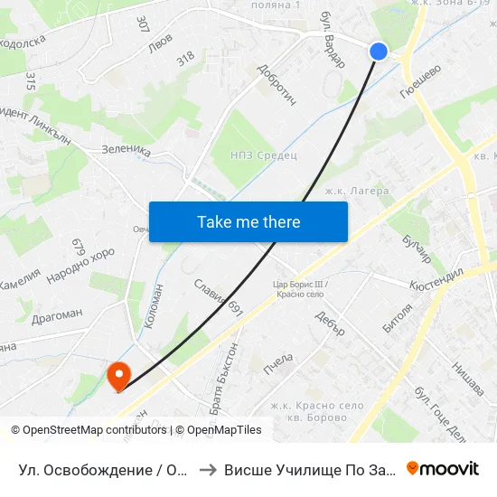 Ул. Освобождение / Osvobozhdenie St. (2098) to Висше Училище По Застраховане И Финанси map