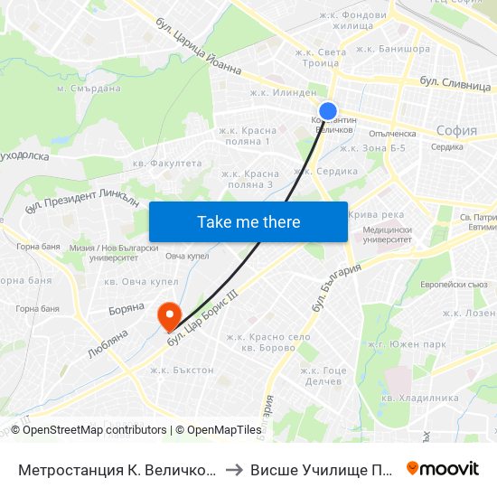 Ⓜ️ Метростанция К. Величков / K. Velichkov Metro Station (1050) to Висше Училище По Застраховане И Финанси map