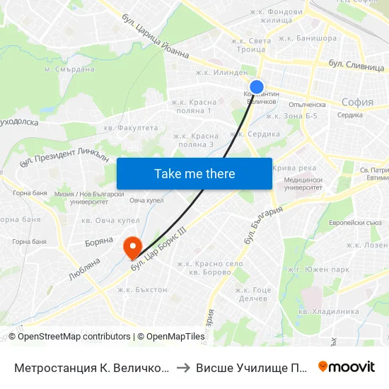Ⓜ️ Метростанция К. Величков / K. Velichkov Metro Station (1050) to Висше Училище По Застраховане И Финанси map