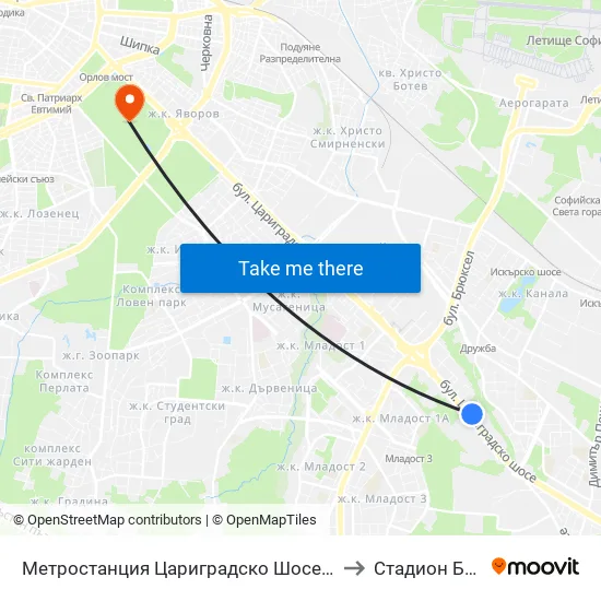 Ⓜ️ Метростанция Цариградско Шосе / Tsarigradsko Shosse Metro Station (1016) to Стадион Българска Армия map