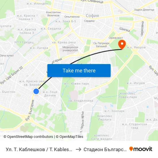 Ул. Т. Каблешков / T. Kableshkov St. (2213) to Стадион Българска Армия map