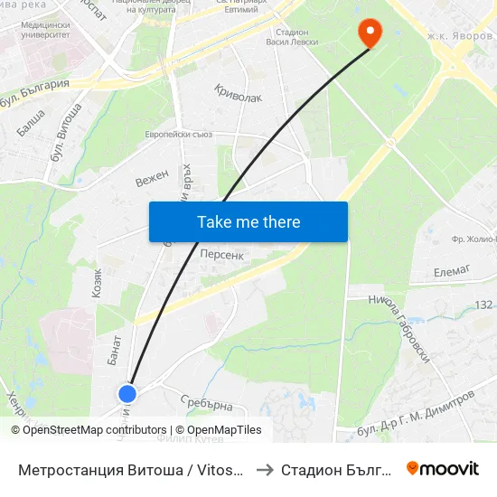 Ⓜ️ Метростанция Витоша / Vitosha Metro Station (2654) to Стадион Българска Армия map