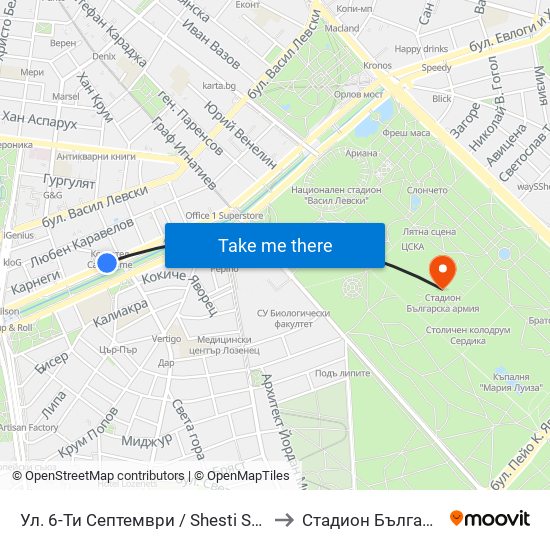 Ул. 6-Ти Септември / Shesti Septemvri St. (1808) to Стадион Българска Армия map