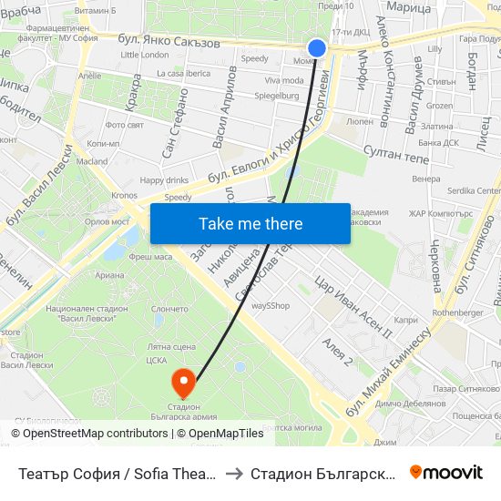 Театър София / Sofia Theatre (1727) to Стадион Българска Армия map