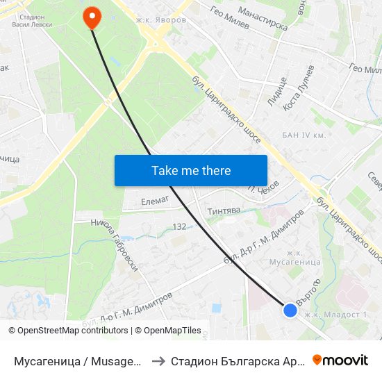 Мусагеница /  Musagenitsa to Стадион Българска Армия map