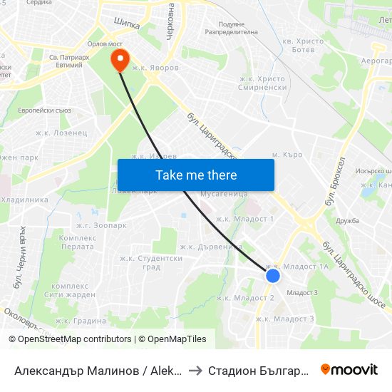 Александър Малинов / Aleksandar Malinov to Стадион Българска Армия map