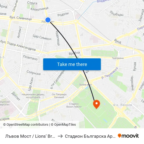 Лъвов Мост / Lions' Bridge to Стадион Българска Армия map