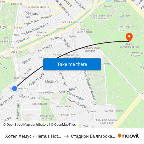 Хотел Хемус / Hemus Hotel (1325) to Стадион Българска Армия map