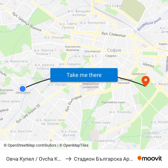Овча Купел / Ovcha Kupel to Стадион Българска Армия map