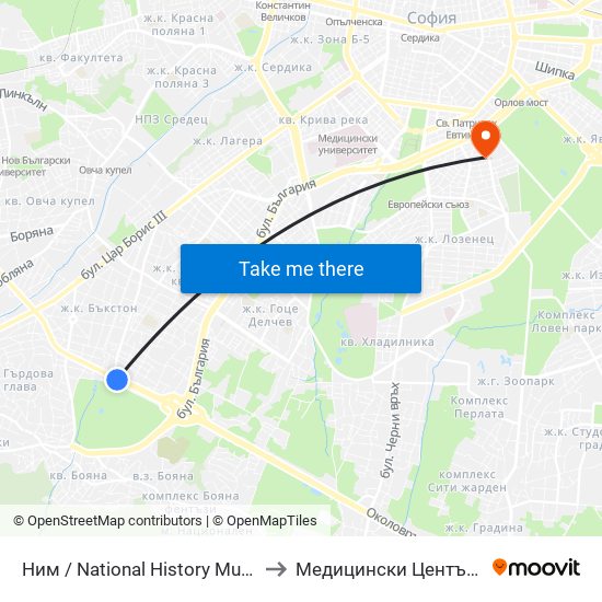 Ним / National History Museum (1464) to Медицински Център Лозенец map