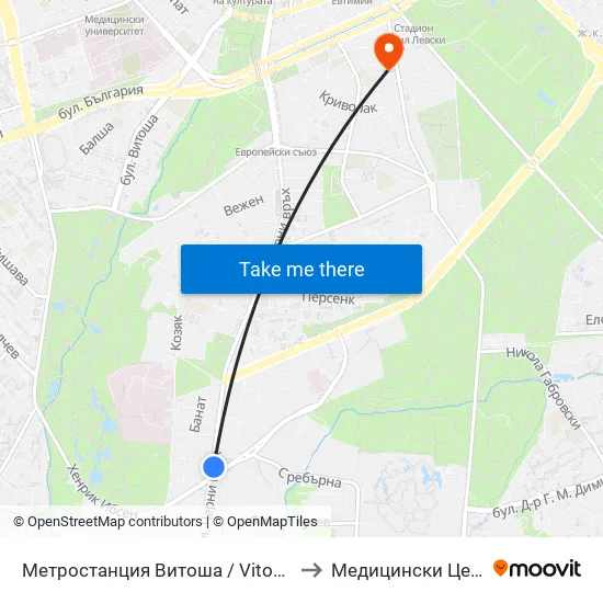 Ⓜ️ Метростанция Витоша / Vitosha Metro Station (2654) to Медицински Център Лозенец map
