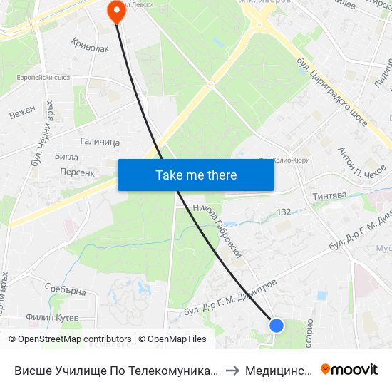 Висше Училище По Телекомуникации / University Of Telecommunications And Post (1397) to Медицински Център Лозенец map