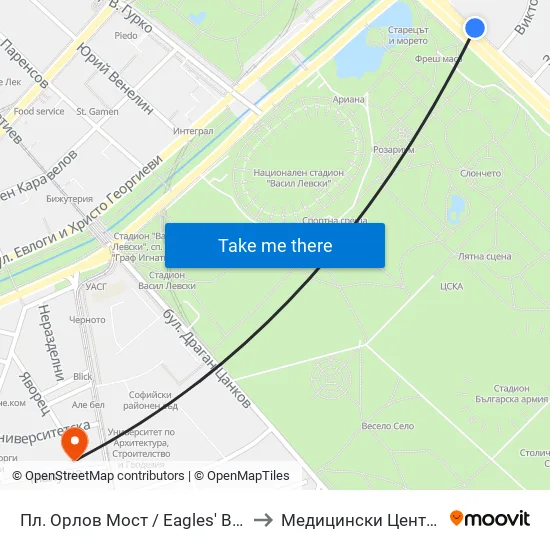 Пл. Орлов Мост / Eagles' Bridge Sq. (1288) to Медицински Център Лозенец map