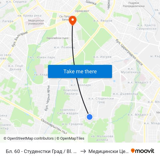 Бл. 60 - Студенстки Град / Bl. 60, Students' Town (2507) to Медицински Център Лозенец map