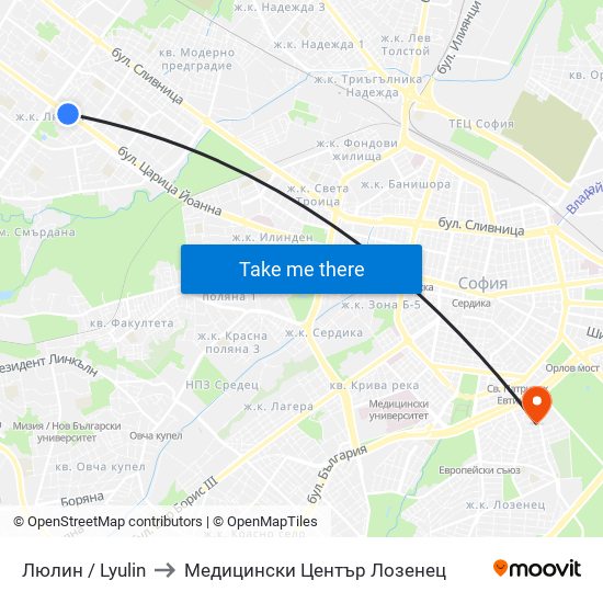 Люлин / Lyulin to Медицински Център Лозенец map