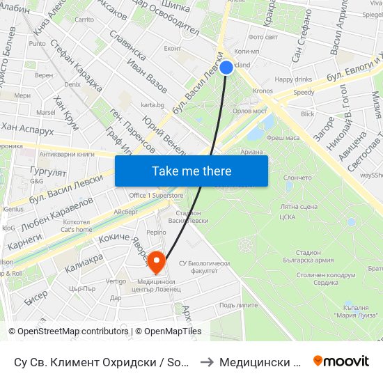 Су Св. Климент Охридски / Sofia University St. Kliment Ohridski to Медицински Център Лозенец map
