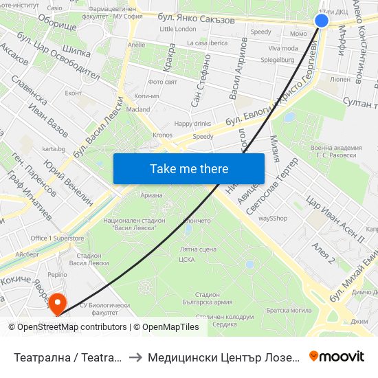 Театрална / Teatralna to Медицински Център Лозенец map