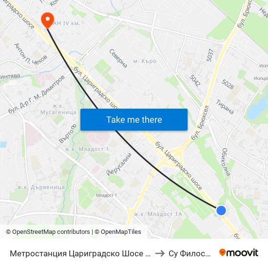 Метростанция Цариградско Шосе / Tsarigradsko Shosse Metro Station (1016) to Су Философски Факултет map