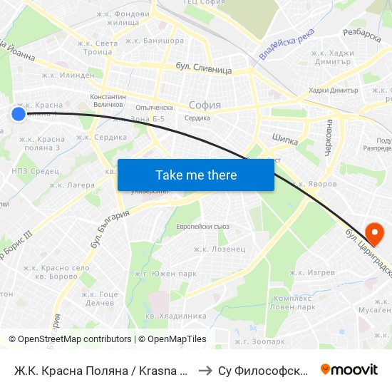 Ж.К. Красна Поляна / Krasna Polyana Qr. (2162) to Су Философски Факултет map
