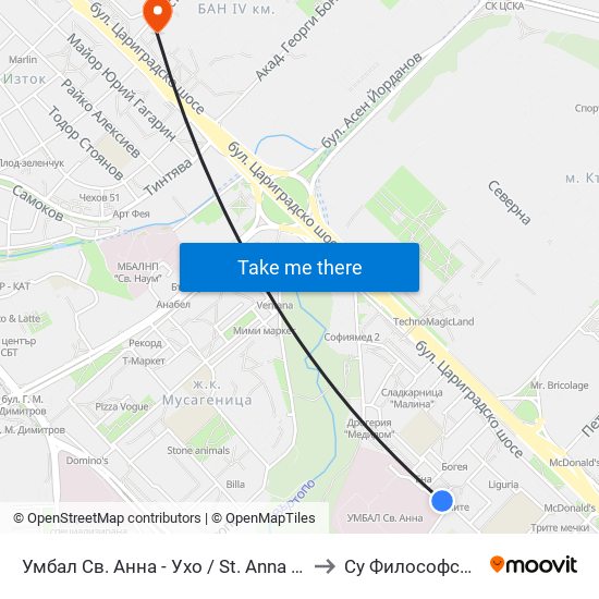 Умбал Св. Анна - Ухо / St. Anna Hospital - Loop (1198) to Су Философски Факултет map