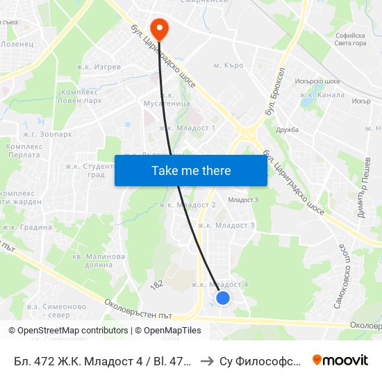 Бл. 472 Ж.К. Младост 4 / Bl. 472, Mladost 4 Qr. (2392) to Су Философски Факултет map
