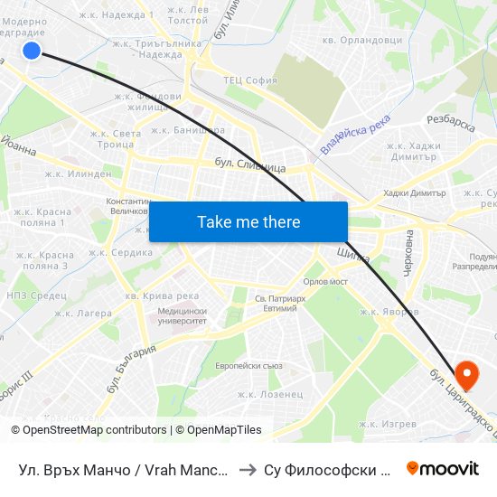 Ул. Връх Манчо / Vrah Mancho St. (1199) to Су Философски Факултет map
