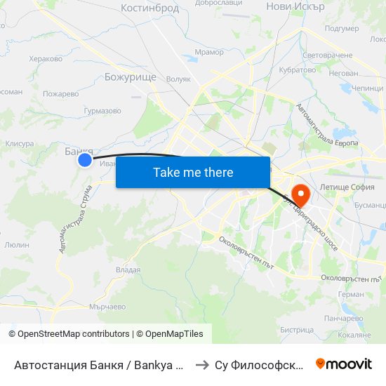 Автостанция Банкя / Bankya Bus Station (0050) to Су Философски Факултет map