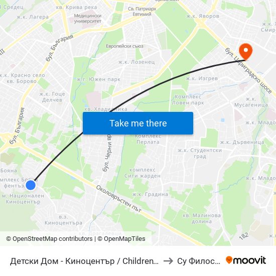 Детски Дом - Киноцентър / Children’S Home – Boyana Film Studios (Kinotsentar) (0531) to Су Философски Факултет map