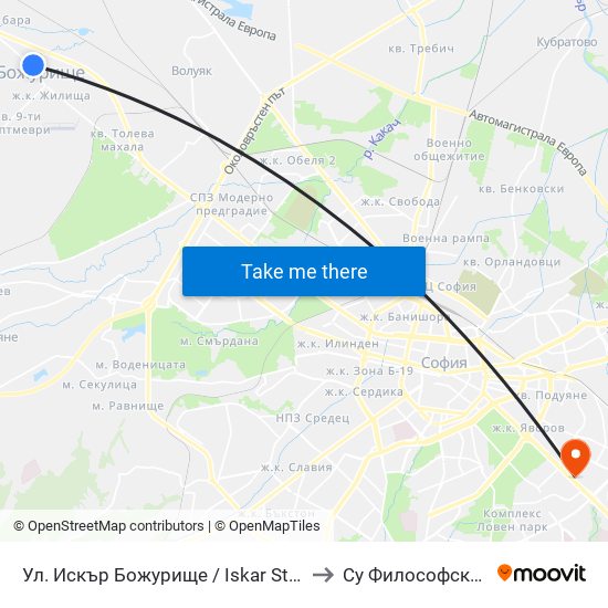 Ул. Искър Божурище / Iskar St. Bozhurishte(2602) to Су Философски Факултет map
