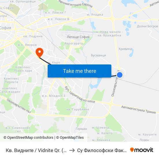Кв. Видните / Vidnite Qr. (0819) to Су Философски Факултет map