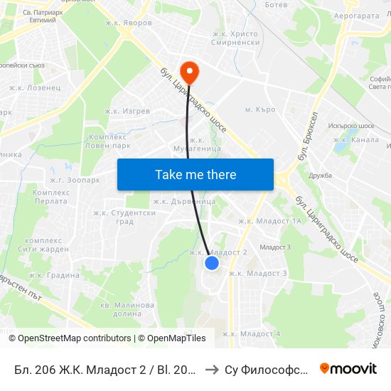 Бл. 206 Ж.К. Младост 2 / Bl. 206, Mladost 2 Qr. (0158) to Су Философски Факултет map