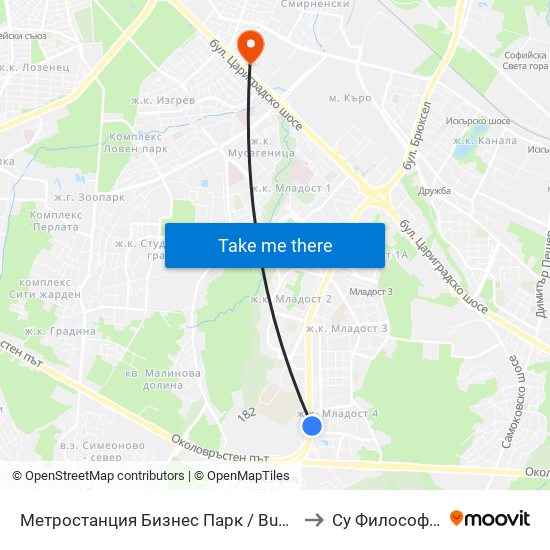Метростанция Бизнес Парк / Business Park Metro Station (2491) to Су Философски Факултет map