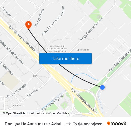 Площад На Авиацията / Aviation Square (1260) to Су Философски Факултет map
