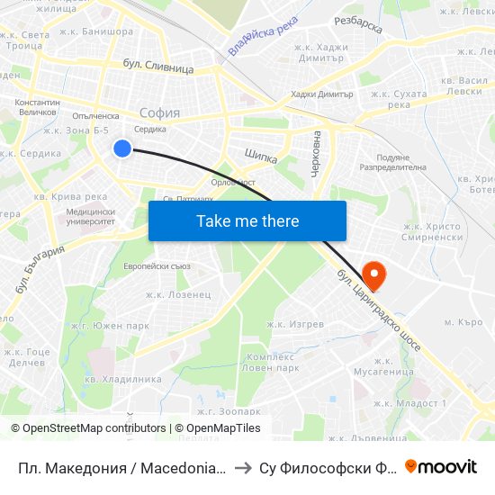 Пл. Македония / Macedonia Sq. (1282) to Су Философски Факултет map
