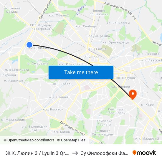 Ж.К. Люлин 3 / Lyulin 3 Qr. (0653) to Су Философски Факултет map