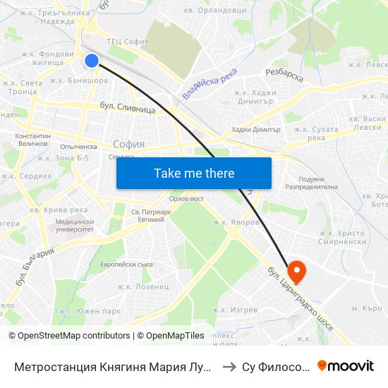 Метростанция Княгиня Мария Луиза / Kn. Maria Luisa Metro Station (6430) to Су Философски Факултет map