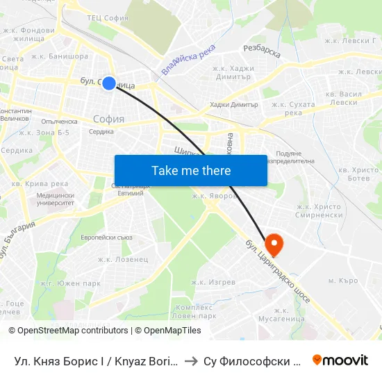 Ⓜ️ Ул. Княз Борис I / Knyaz Boris I St. (1999) to Су Философски Факултет map